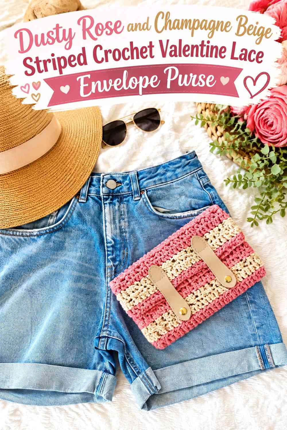 Dusty Rose and Champagne Beige Striped Crochet Valentine Lace Envelope Purse