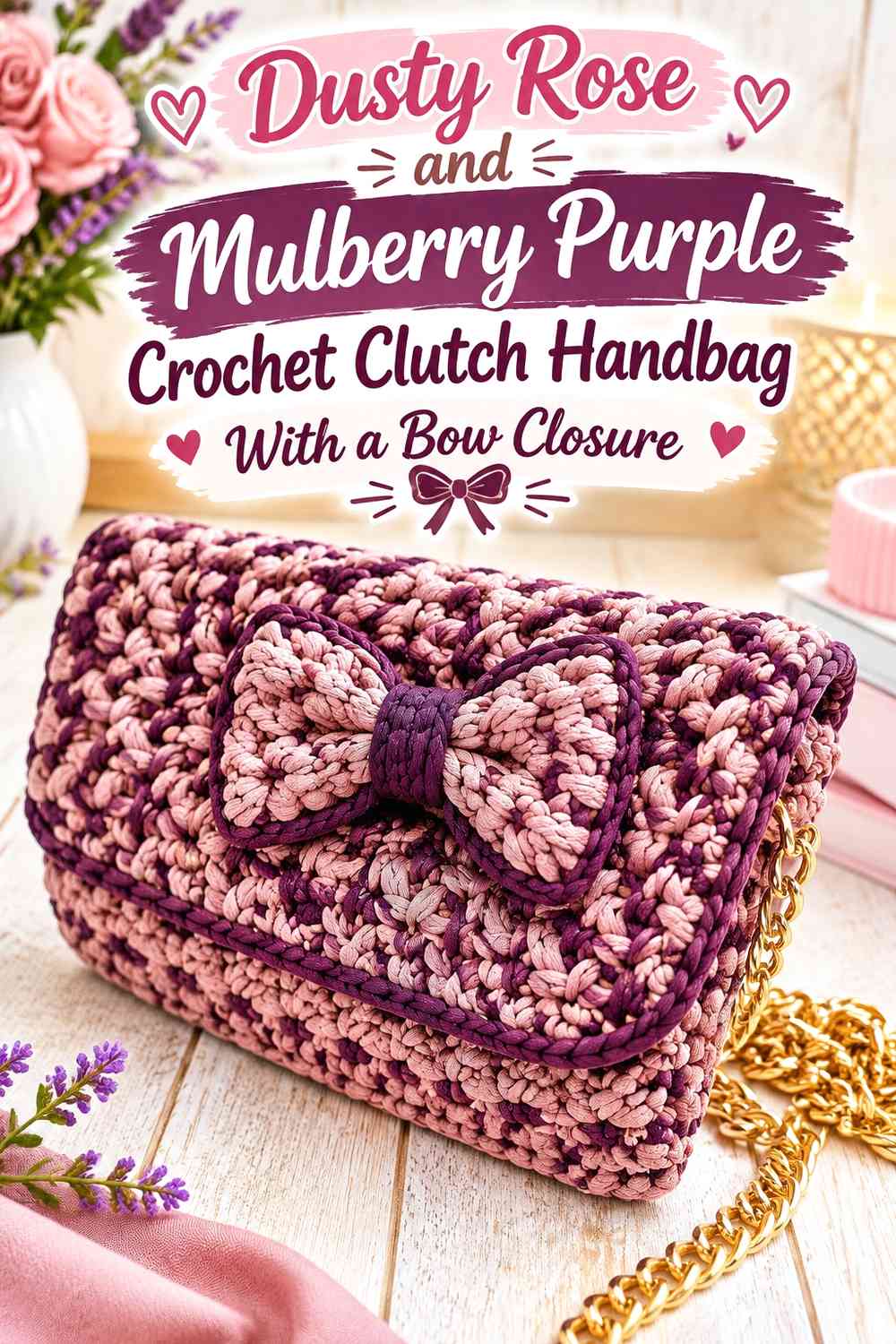 Dusty Rose and Mulberry Purple Crochet Clutch Handbag With a Bow Closure