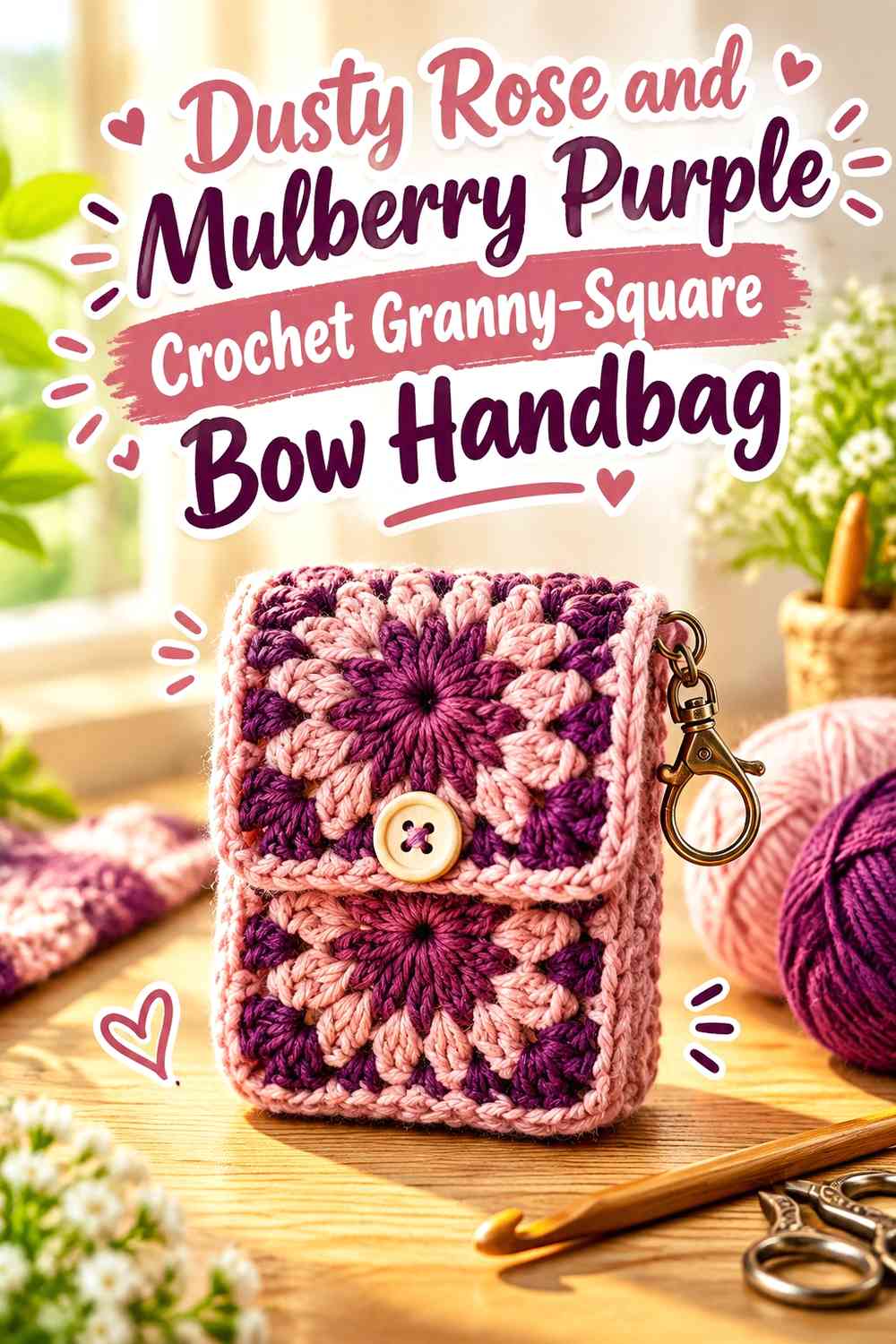Dusty Rose and Mulberry Purple Crochet Granny-Square Bow Handbag
