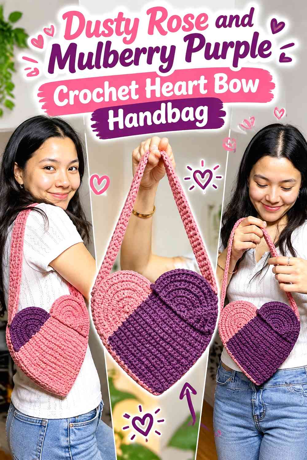 Dusty Rose and Mulberry Purple Crochet Heart Bow Handbag