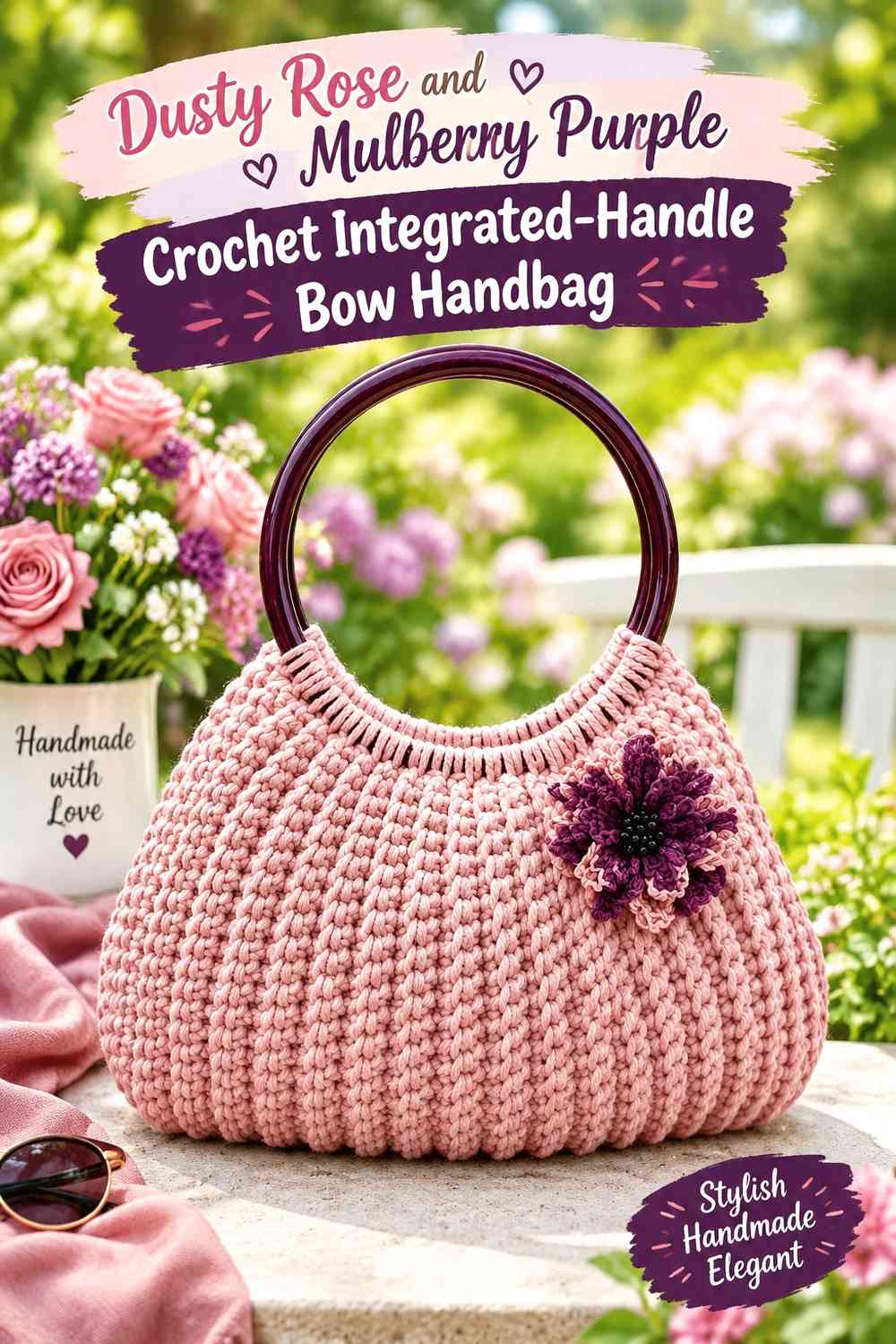 Dusty Rose and Mulberry Purple Crochet Integrated-Handle Bow Handbag