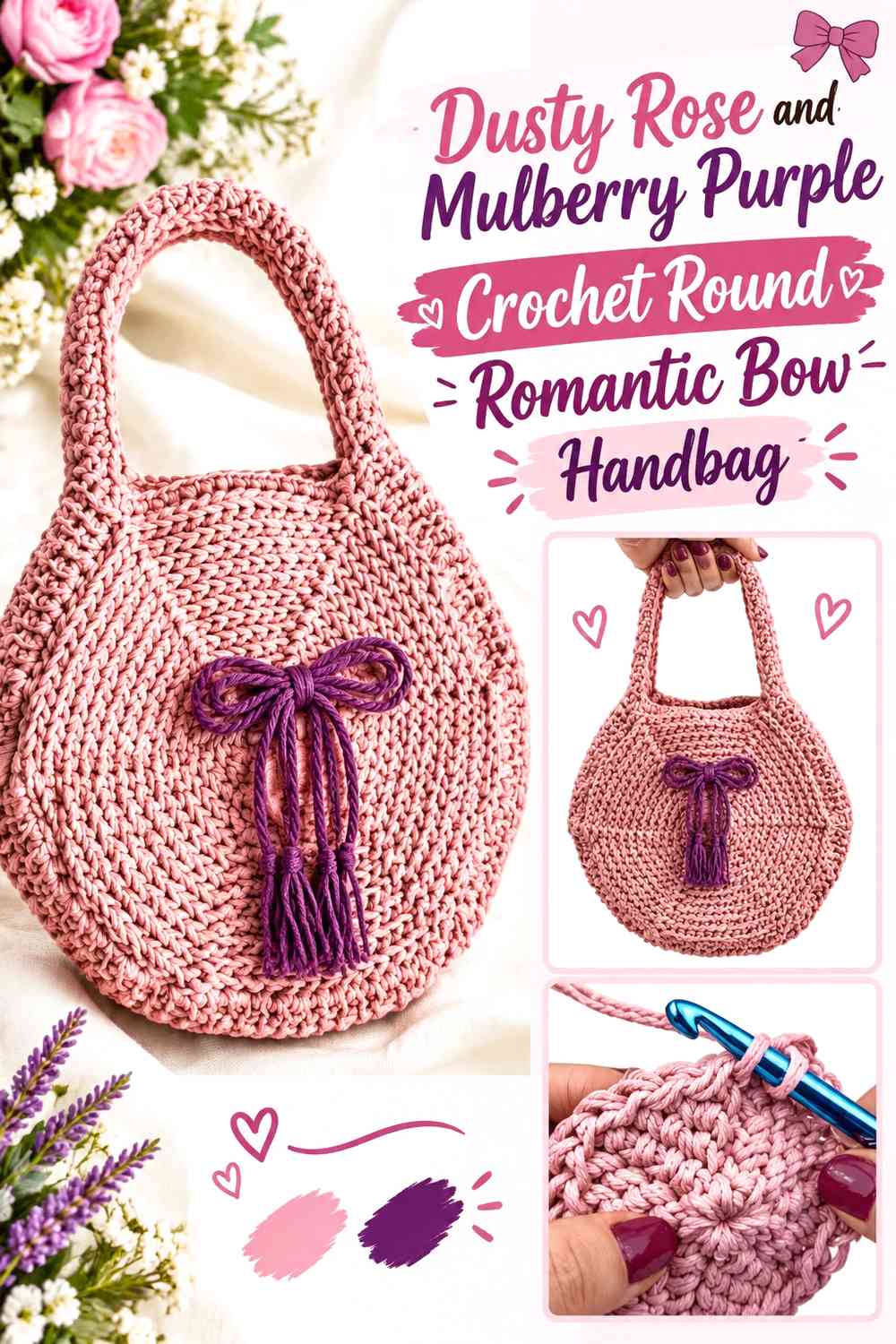 Dusty Rose and Mulberry Purple Crochet Round Romantic Bow Handbag