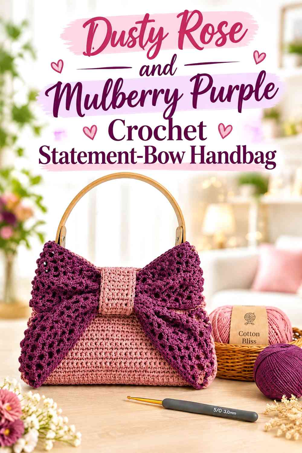 Dusty Rose and Mulberry Purple Crochet Statement-Bow Handbag