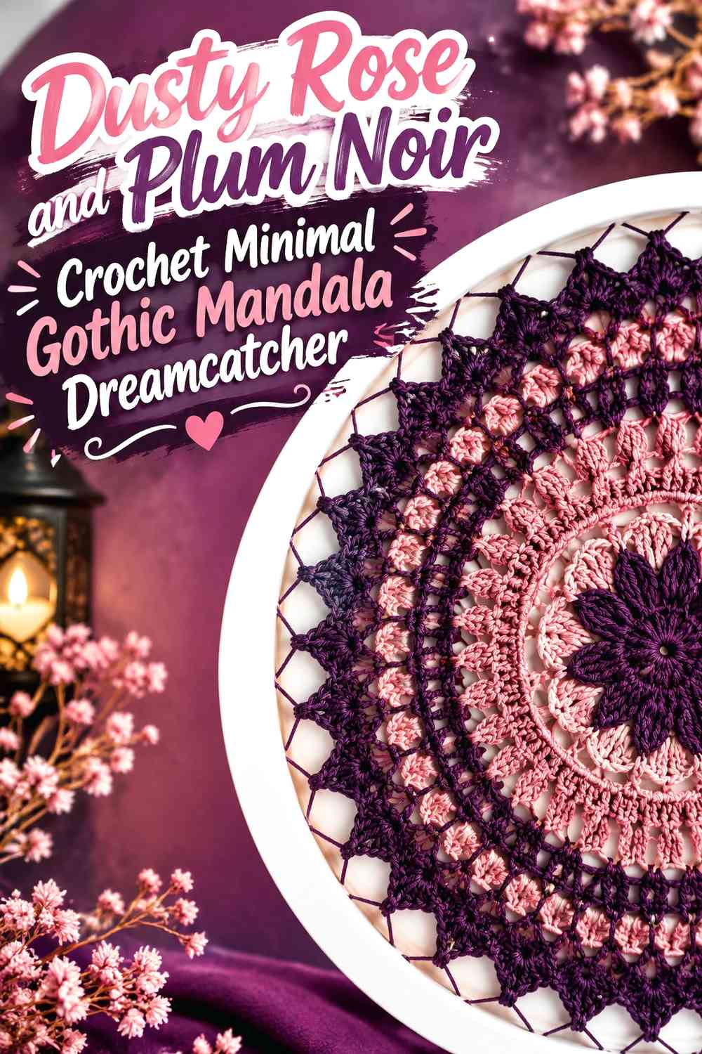 Dusty Rose and Plum Noir Crochet Minimal Gothic Mandala Dreamcatcher
