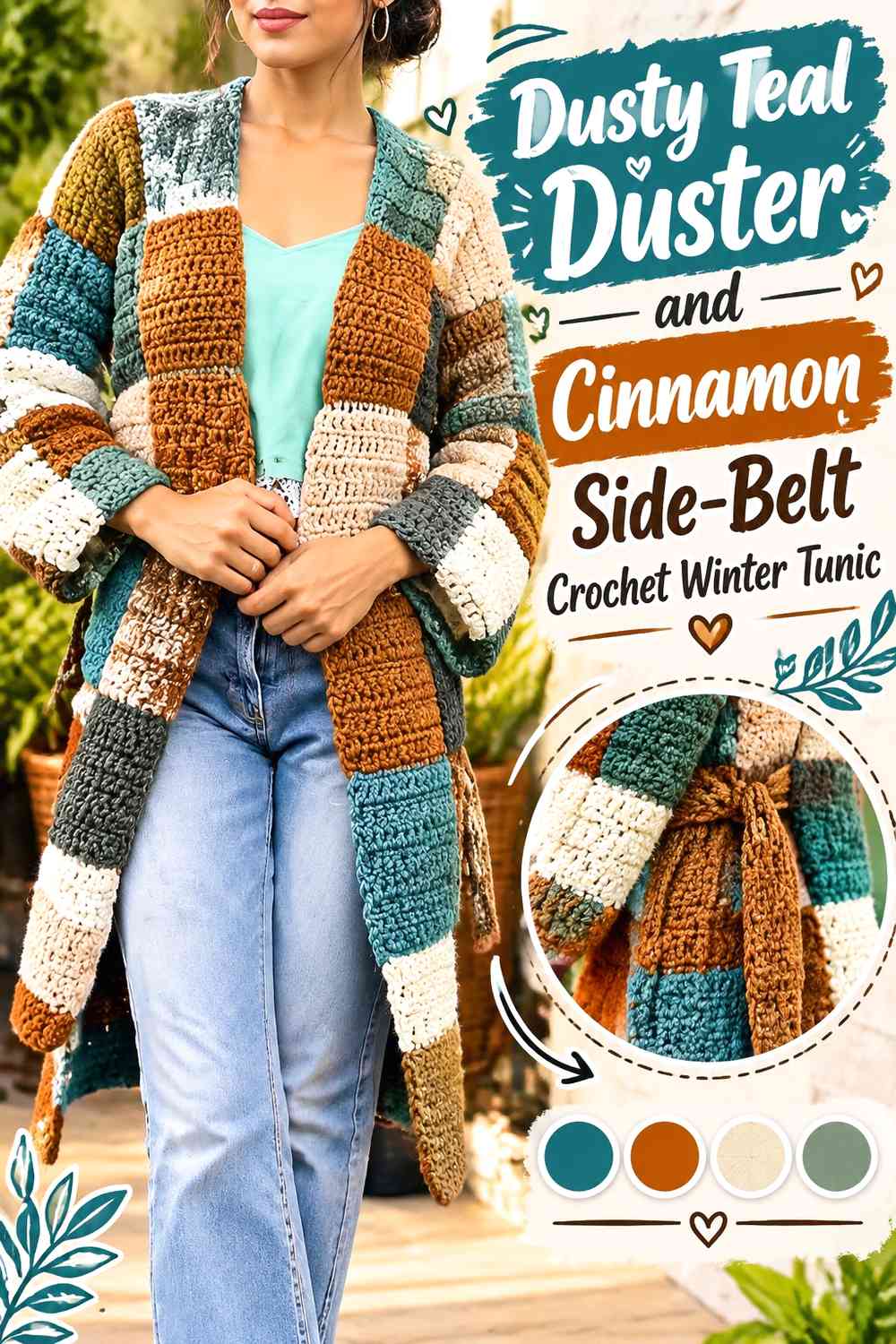 Dusty Teal Duster and Cinnamon Side-Belt Crochet Winter Tunic