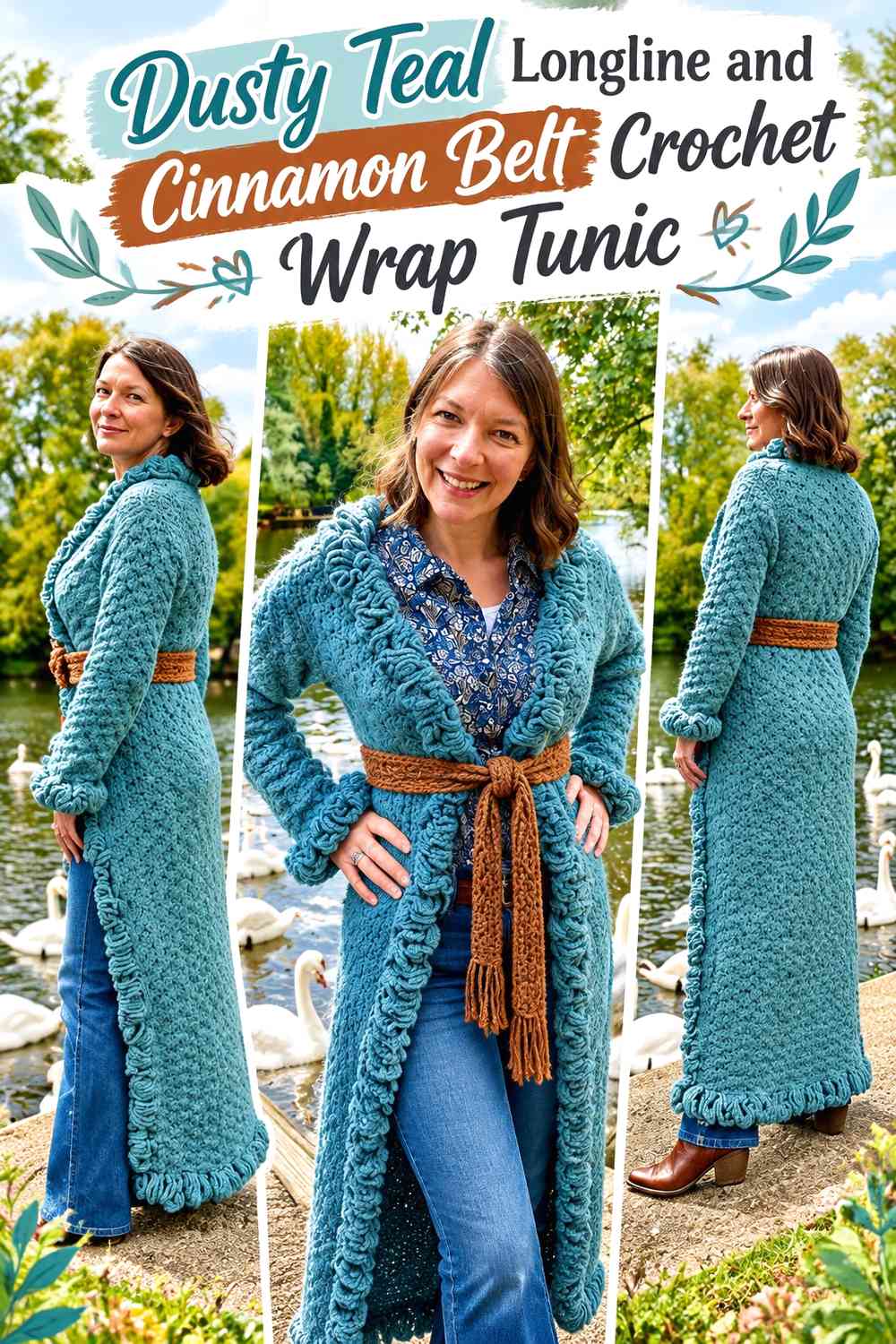 Dusty Teal Longline and Cinnamon Belt Crochet Wrap Tunic