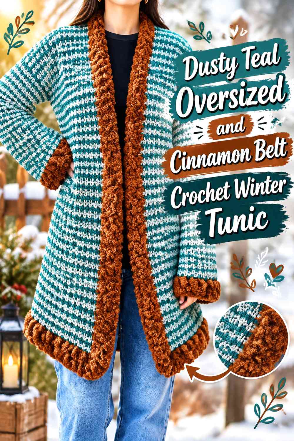 Dusty Teal Oversized and Cinnamon Belt Crochet Winter Tunic