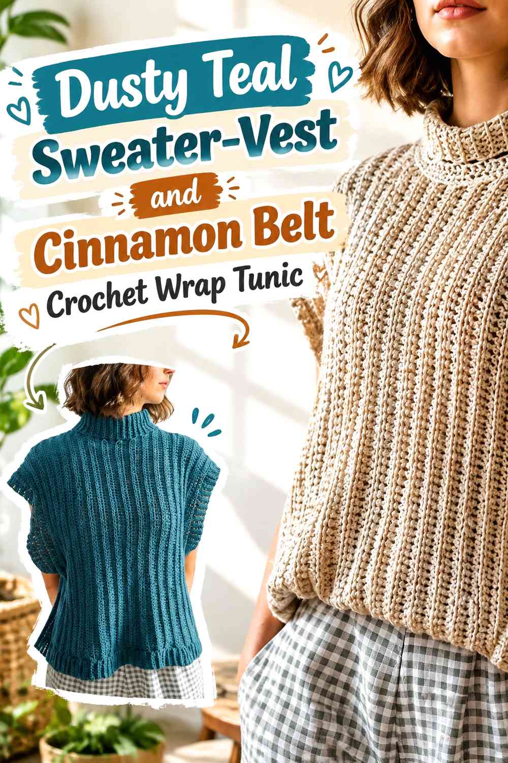 Dusty Teal Sweater-Vest and Cinnamon Belt Crochet Wrap Tunic
