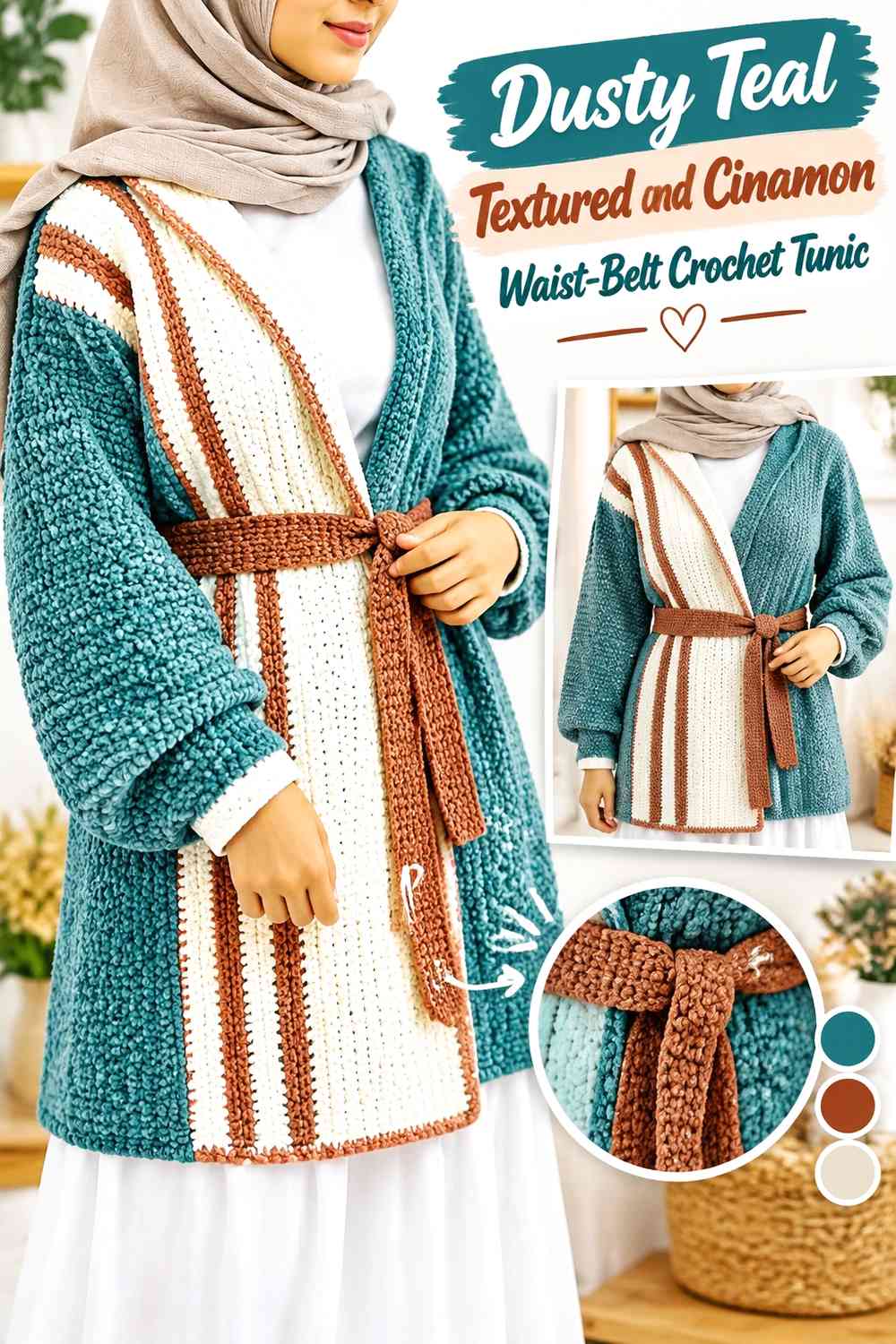 Dusty Teal Textured and Cinnamon Waist-Belt Crochet Tunic
