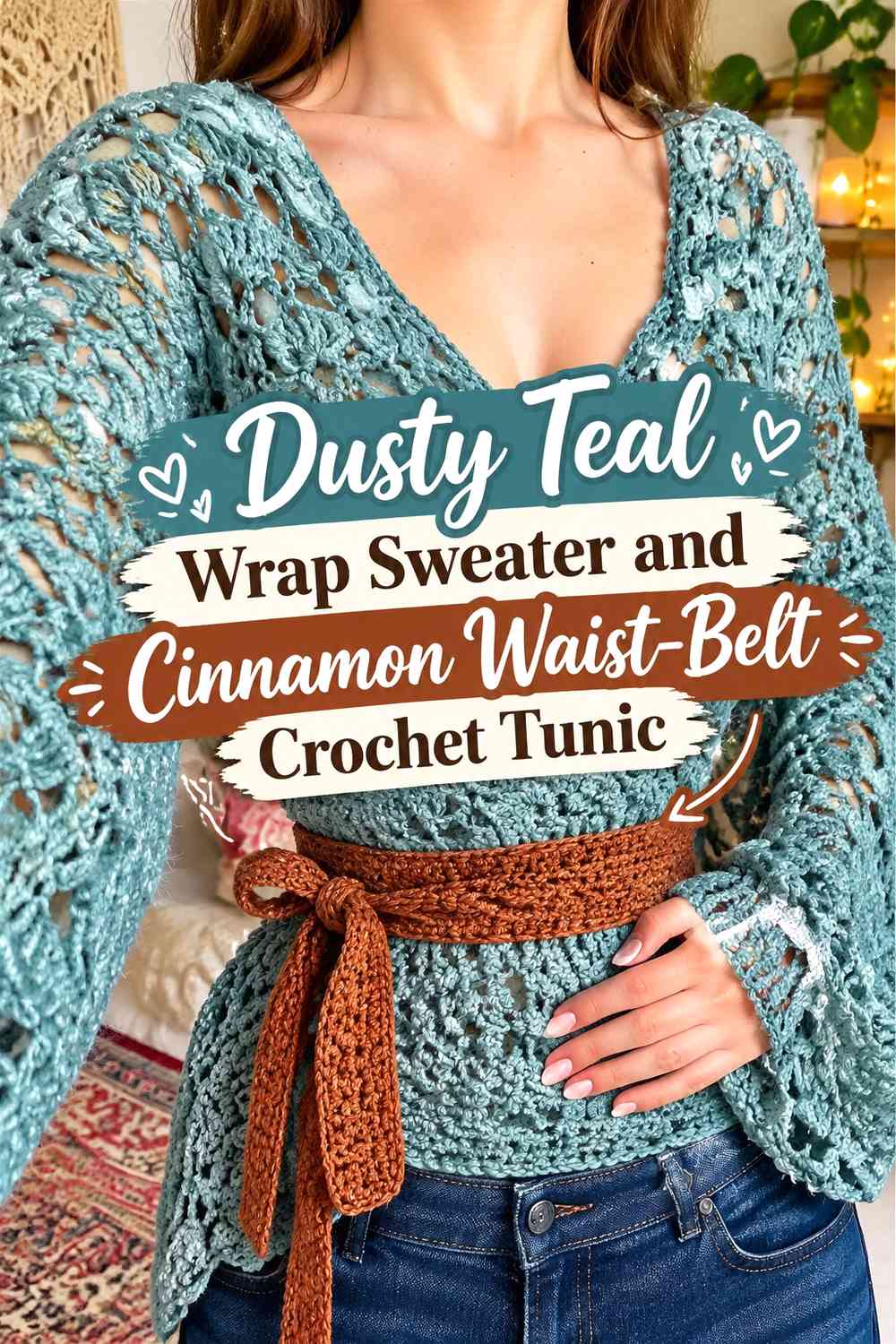 Dusty Teal Wrap Sweater and Cinnamon Waist-Belt Crochet Tunic