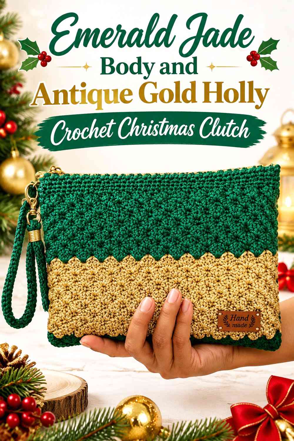 Emerald Jade Body and Antique Gold Holly Crochet Christmas Clutch