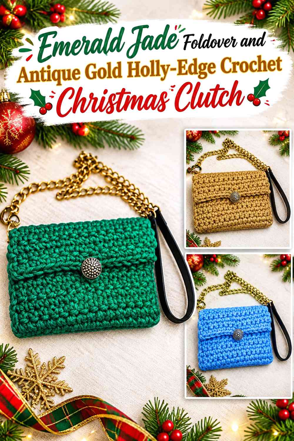 Emerald Jade Foldover and Antique Gold Holly-Edge Crochet Christmas Clutch