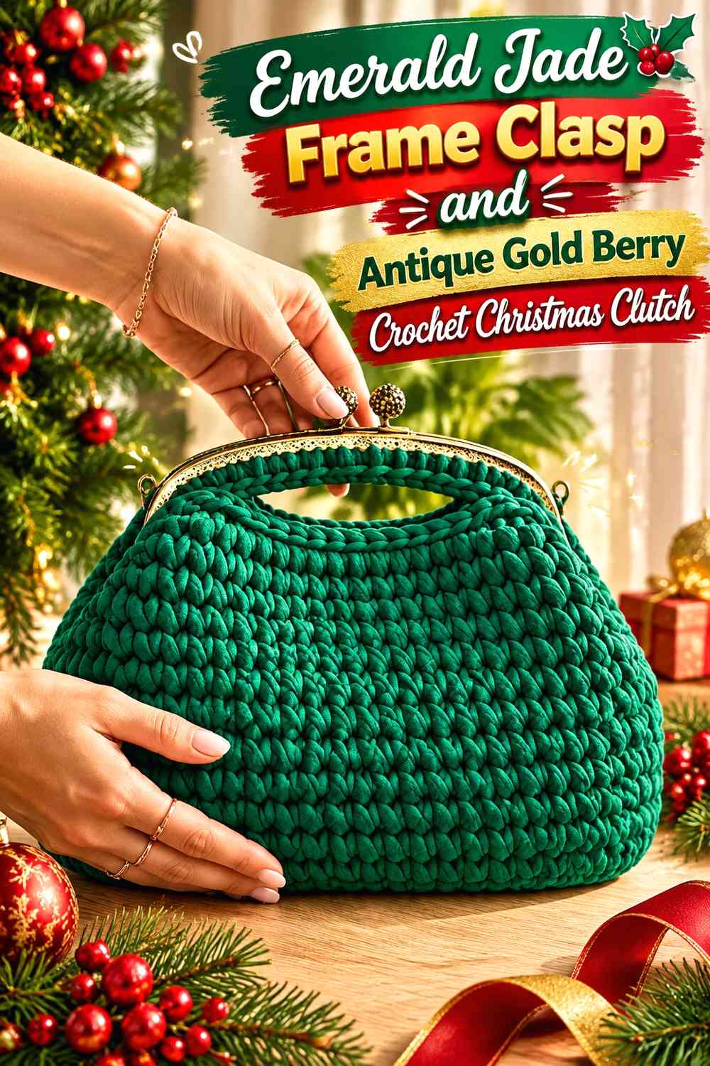 Emerald Jade Frame Clasp and Antique Gold Berry Crochet Christmas Clutch