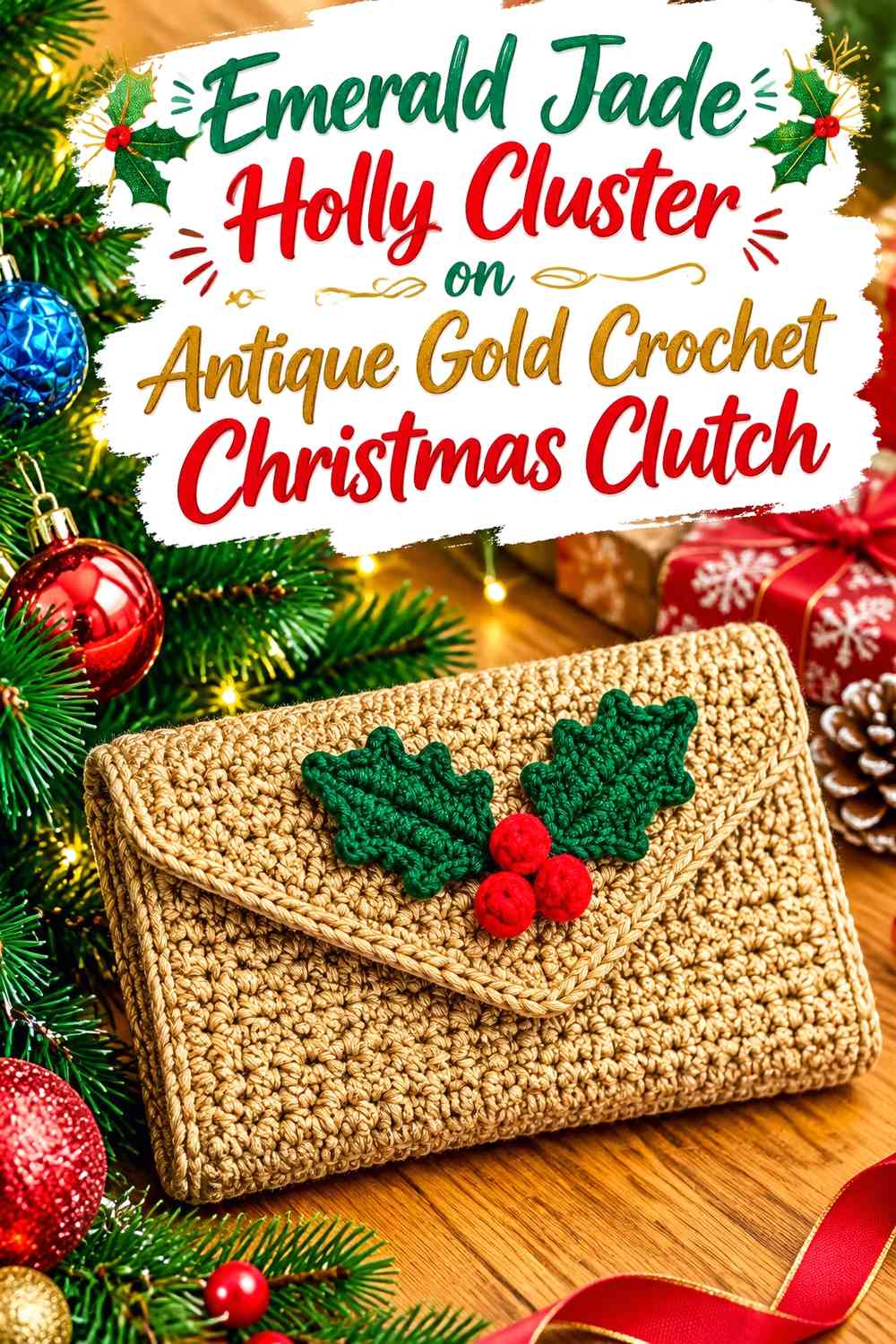 Emerald Jade Holly Cluster on Antique Gold Crochet Christmas Clutch