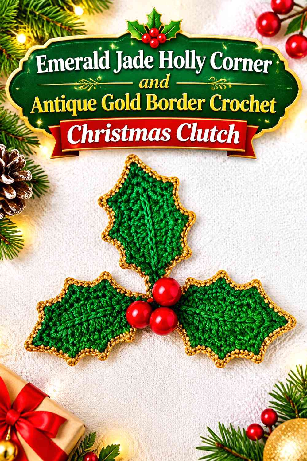 Emerald Jade Holly Corner and Antique Gold Border Crochet Christmas Clutch