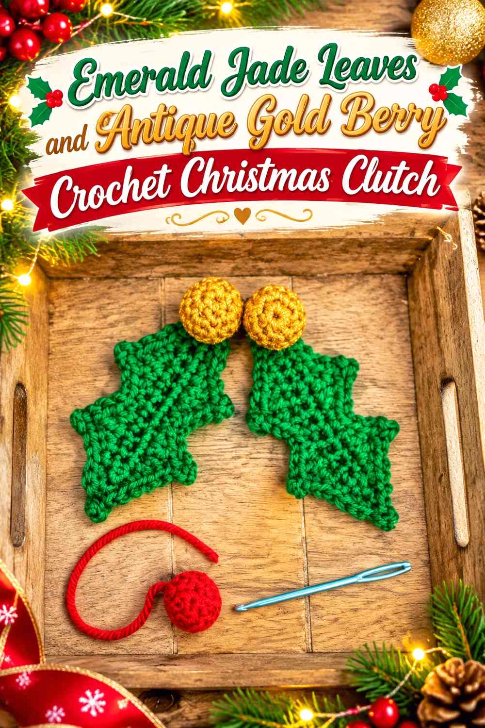 Emerald Jade Leaves and Antique Gold Berry Crochet Christmas Clutch