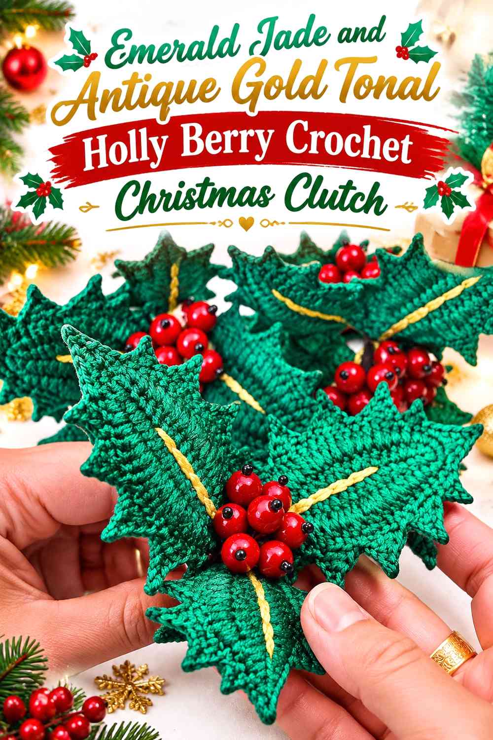 Emerald Jade and Antique Gold Tonal Holly Berry Crochet Christmas Clutch