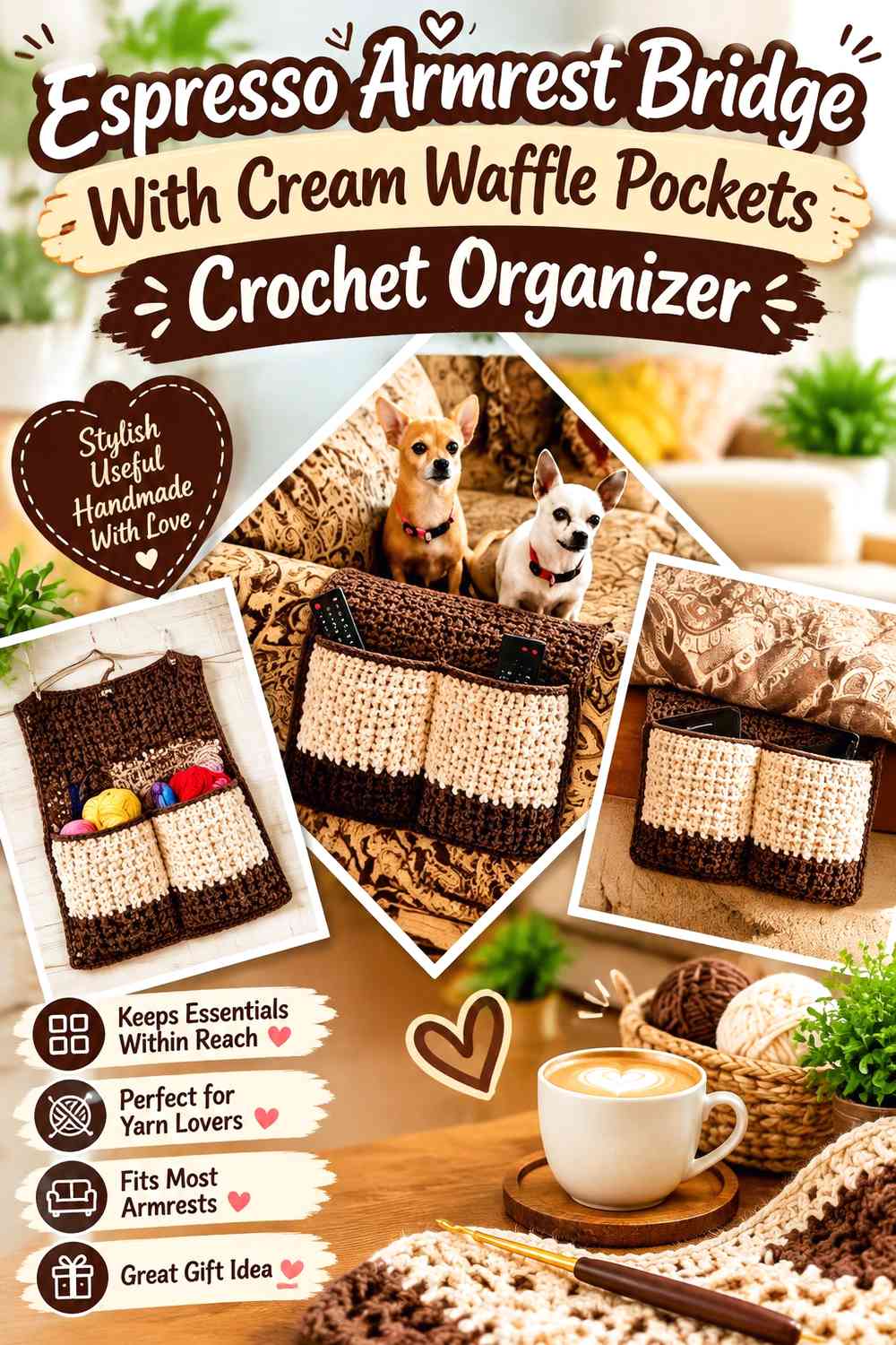 Espresso Armrest Bridge With Cream Waffle Pockets Crochet Organizer