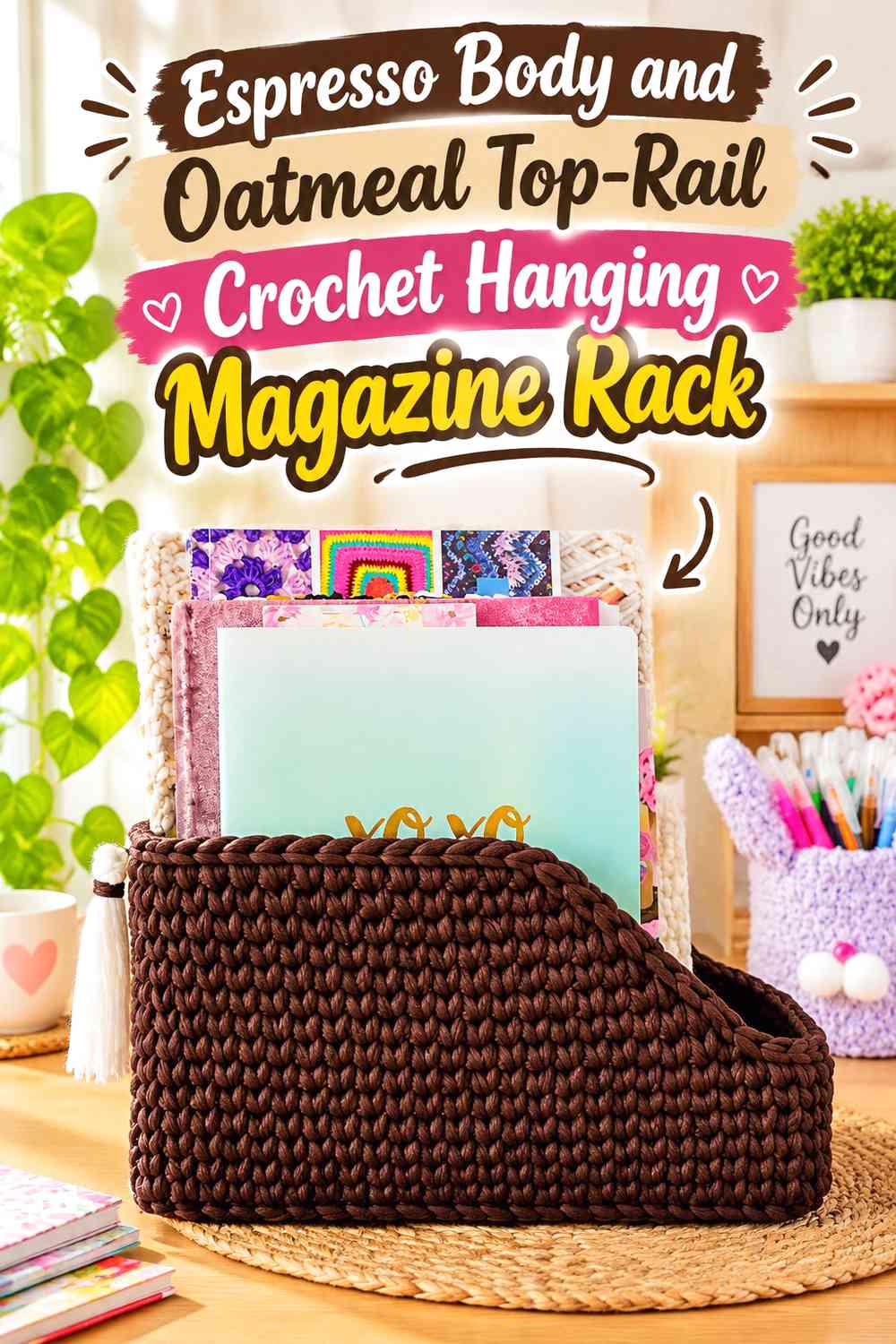 Espresso Body and Oatmeal Top-Rail Crochet Hanging Magazine Rack