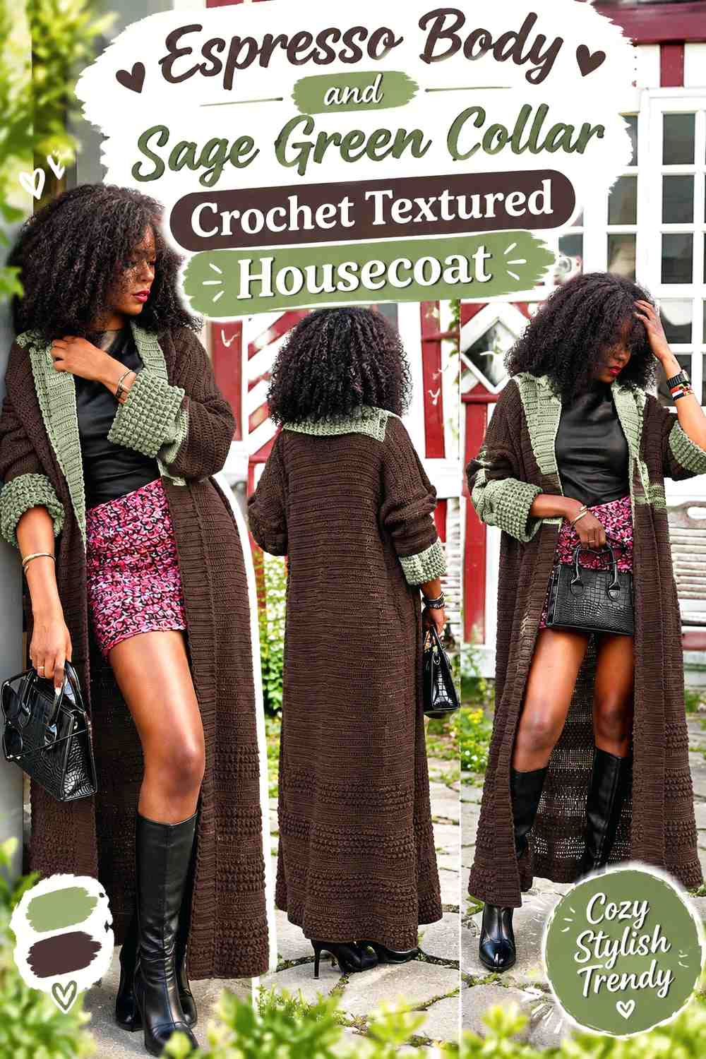 Espresso Body and Sage Green Collar Crochet Textured Housecoat