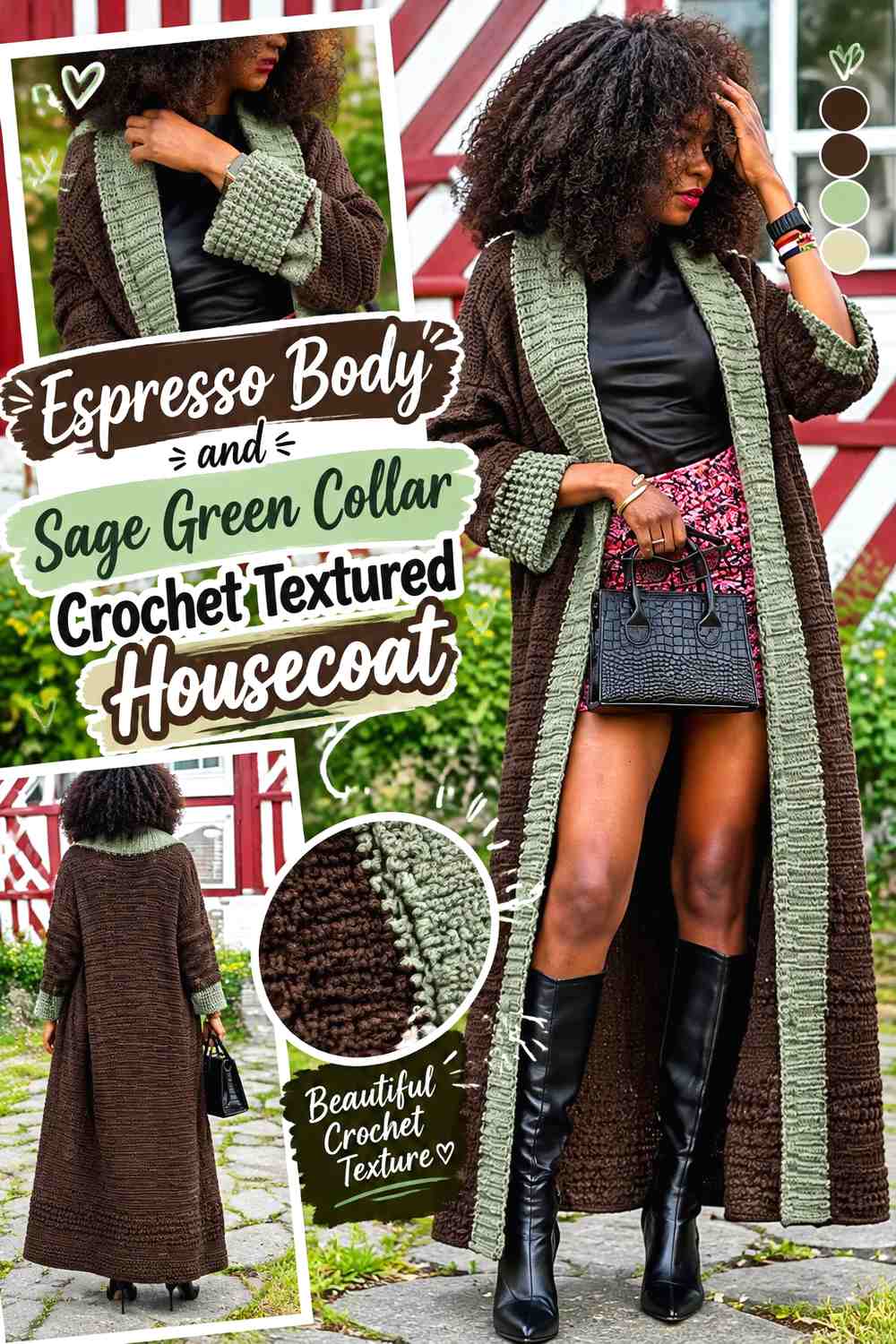 Espresso Body and Sage Green Collar Crochet Textured Housecoat