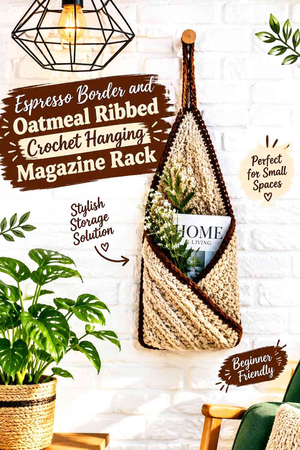 Espresso Border and Oatmeal Ribbed Crochet Hanging Magazine Rack