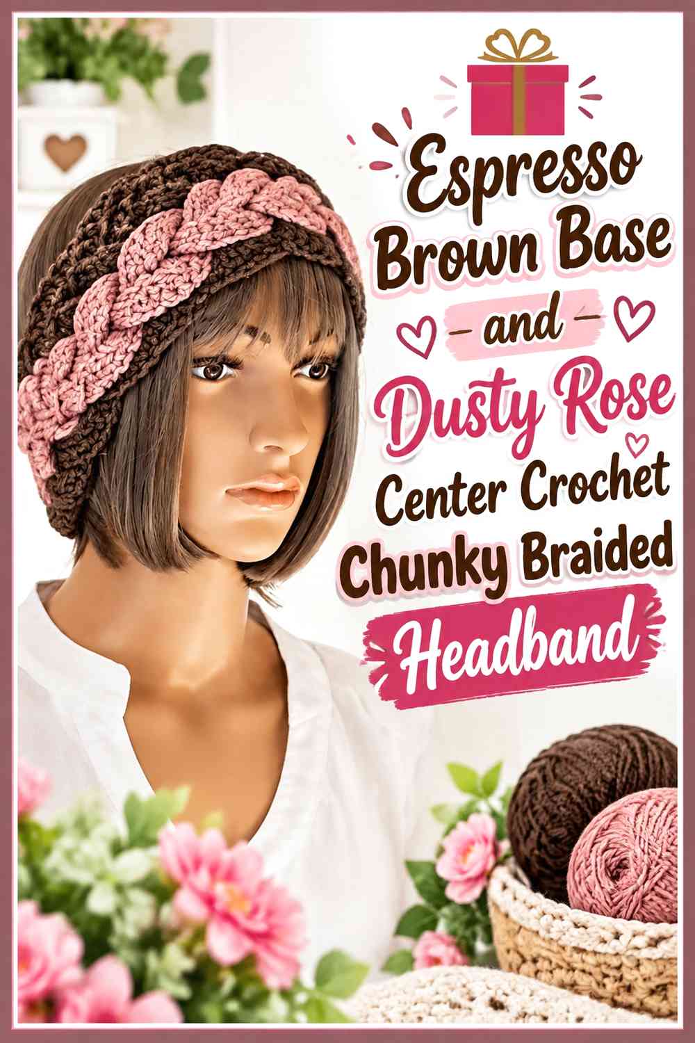 Espresso Brown Base and Dusty Rose Center Crochet Chunky Braided Headband