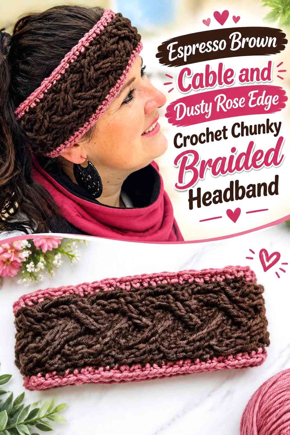 Espresso Brown Cable and Dusty Rose Edge Crochet Chunky Braided Headband