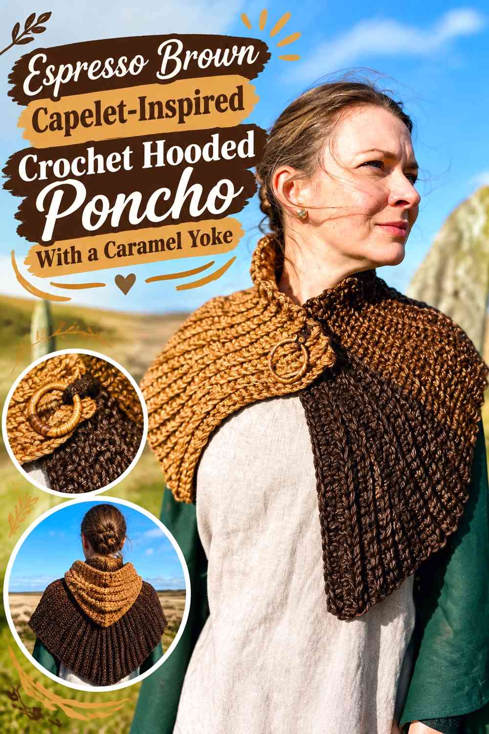 Espresso Brown Capelet-Inspired Crochet Hooded Poncho With a Caramel Yoke