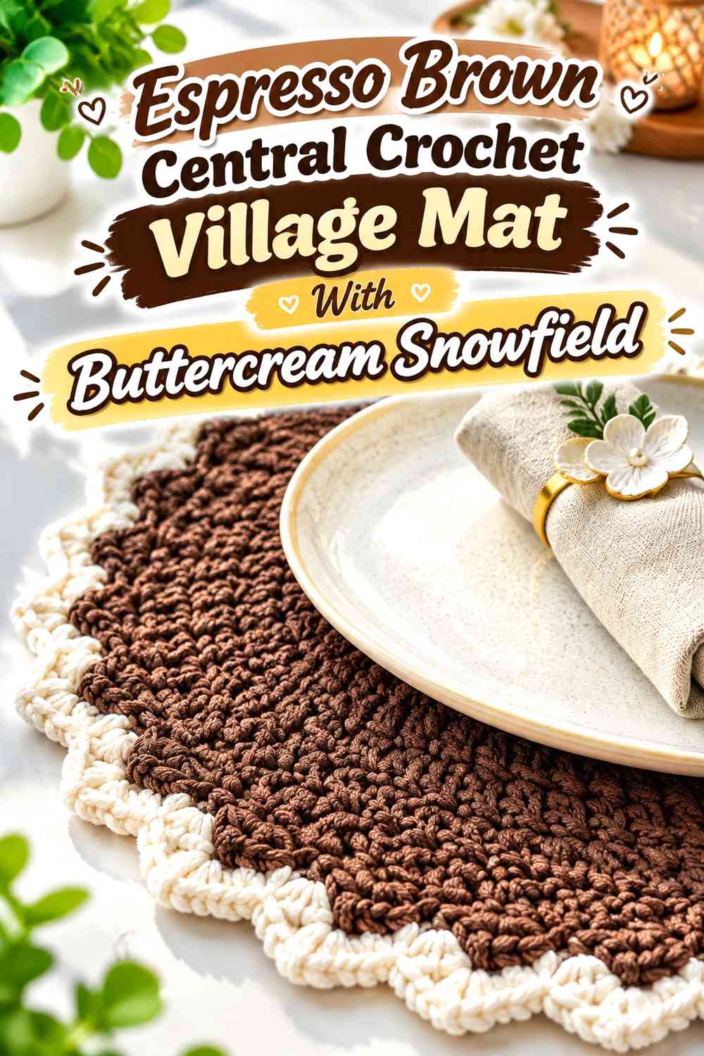 Espresso Brown Central Crochet Village Mat With Buttercream Snowfield