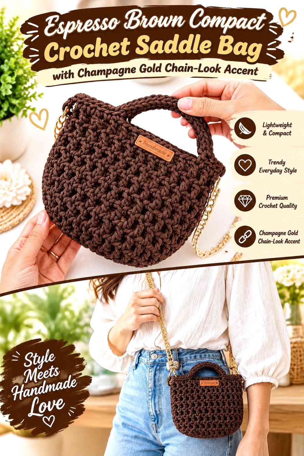 Espresso Brown Compact Crochet Saddle Bag with Champagne Gold Chain-Look Accent