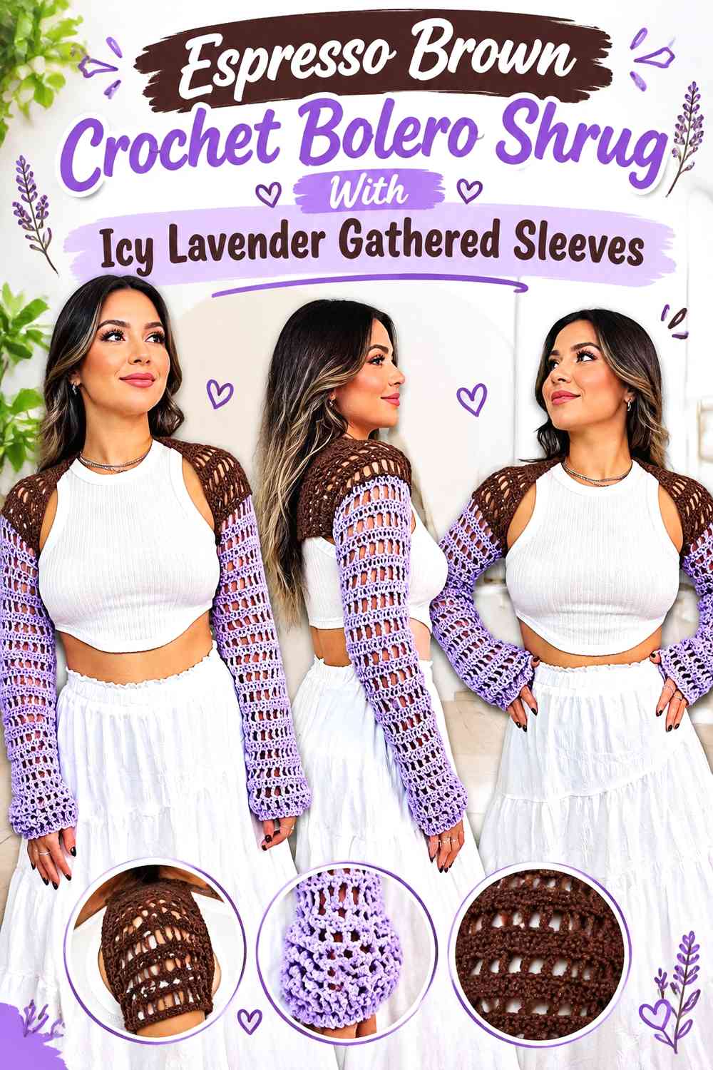 Espresso Brown Crochet Bolero Shrug With Icy Lavender Gathered Sleeves