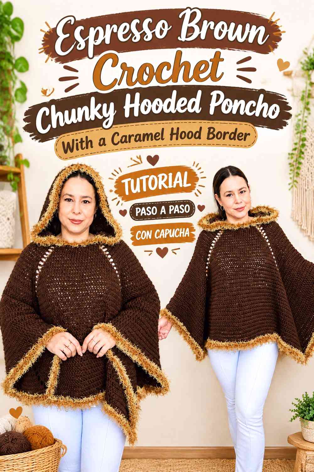 Espresso Brown Crochet Chunky Hooded Poncho With a Caramel Hood Border