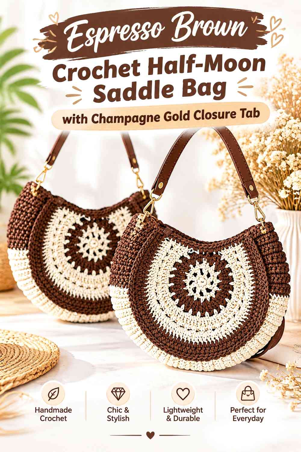 Espresso Brown Crochet Half-Moon Saddle Bag with Champagne Gold Closure Tab