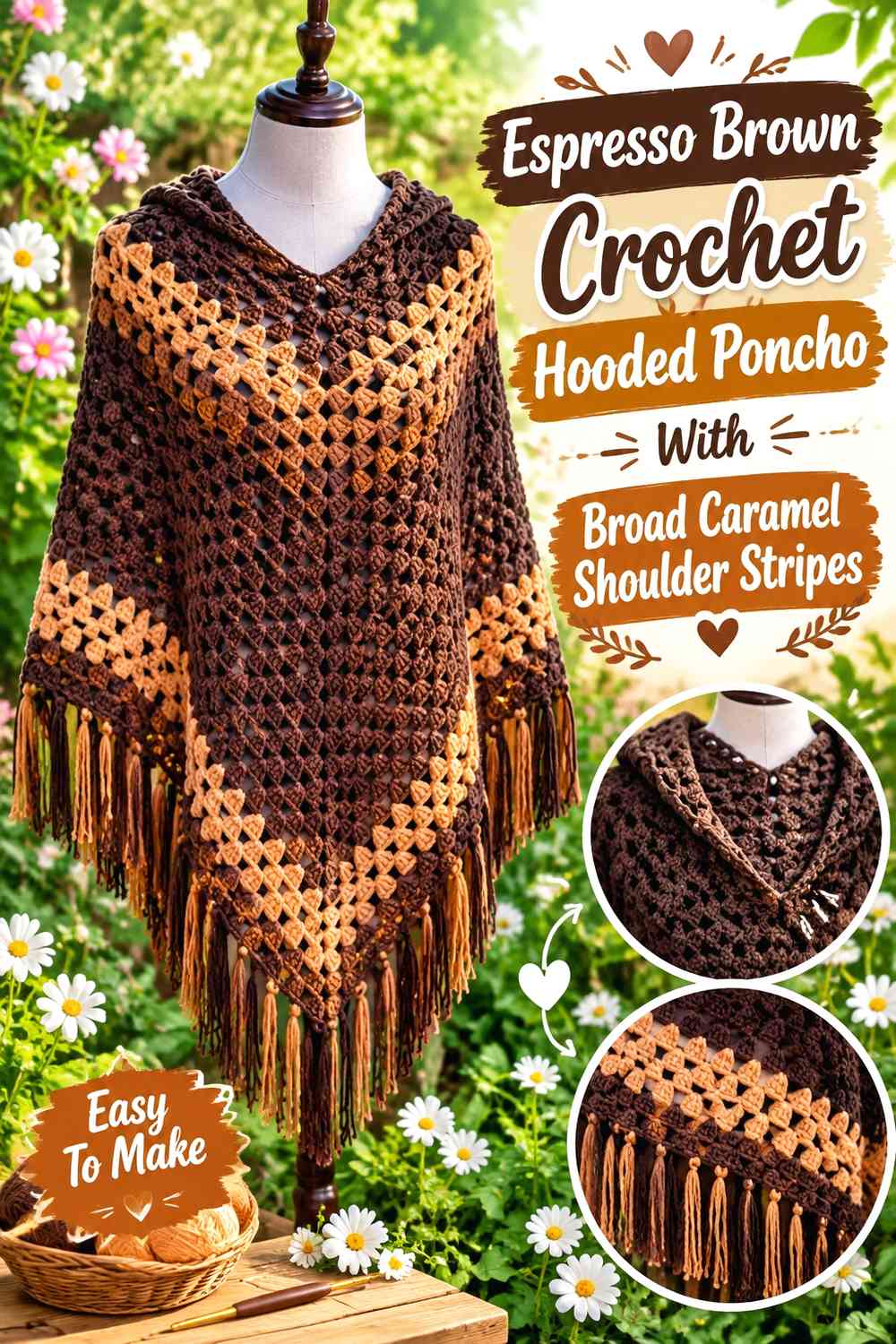 Espresso Brown Crochet Hooded Poncho With Broad Caramel Shoulder Stripes