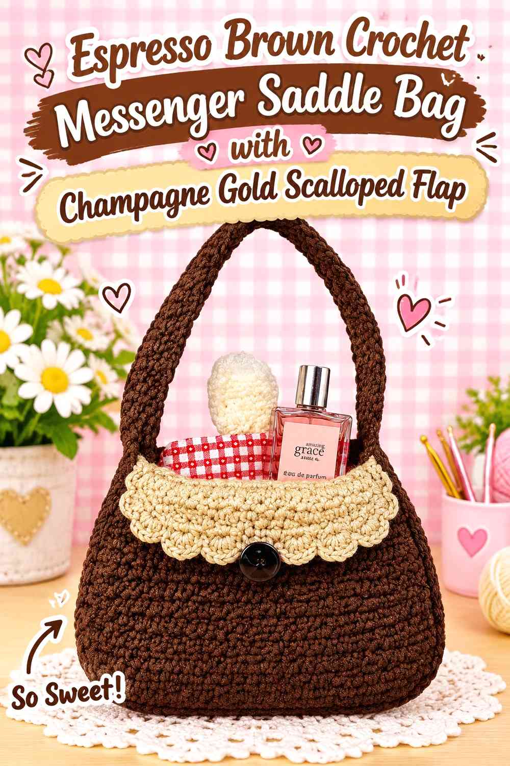 Espresso Brown Crochet Messenger Saddle Bag with Champagne Gold Scalloped Flap