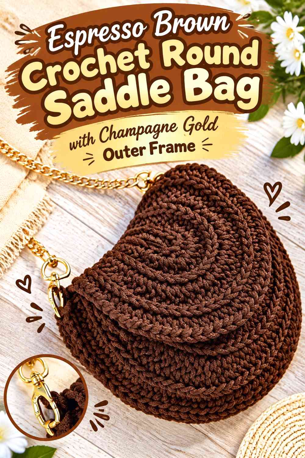 Espresso Brown Crochet Round Saddle Bag with Champagne Gold Outer Frame
