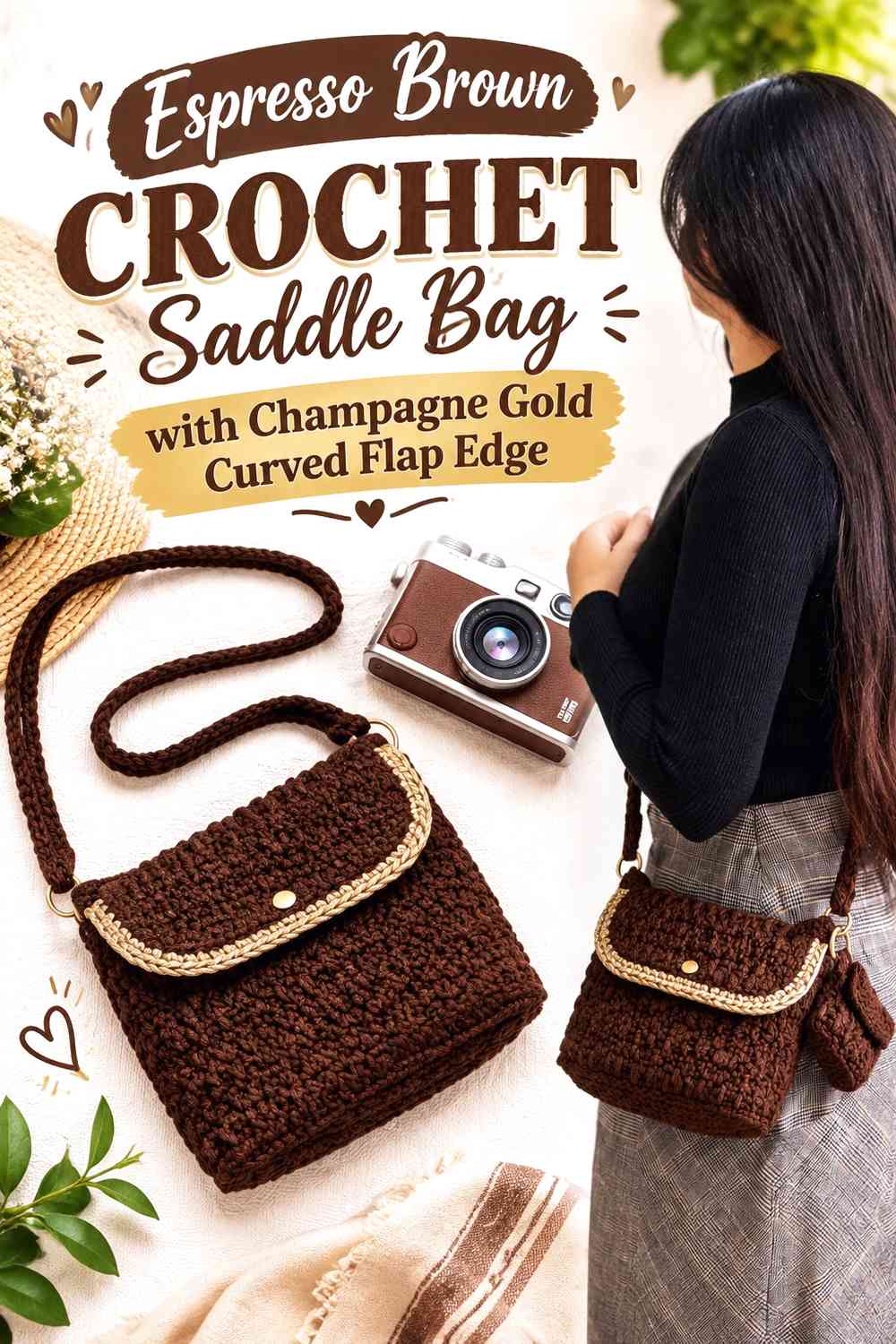Espresso Brown Crochet Saddle Bag with Champagne Gold Curved Flap Edge