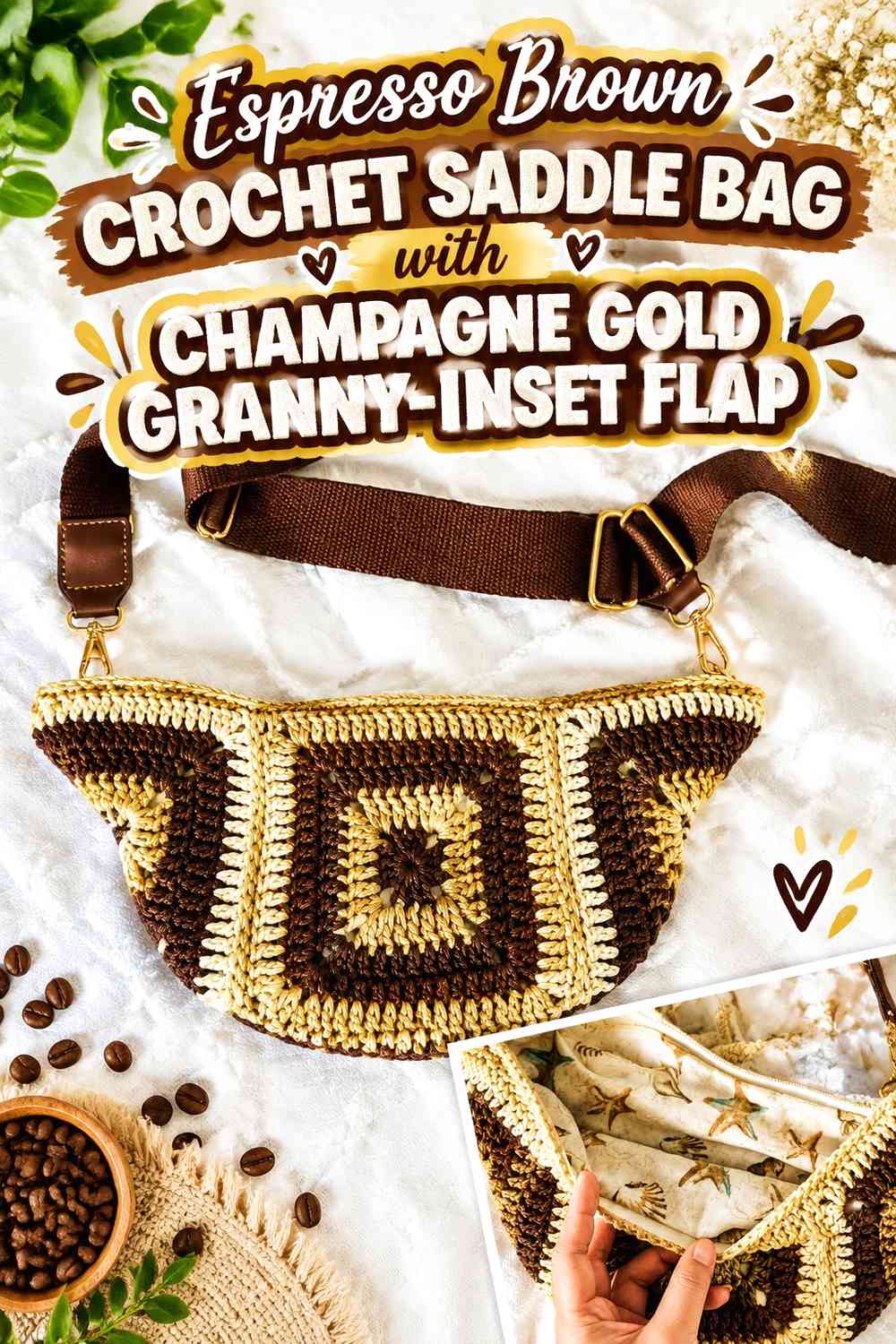 Espresso Brown Crochet Saddle Bag with Champagne Gold Granny-Inset Flap
