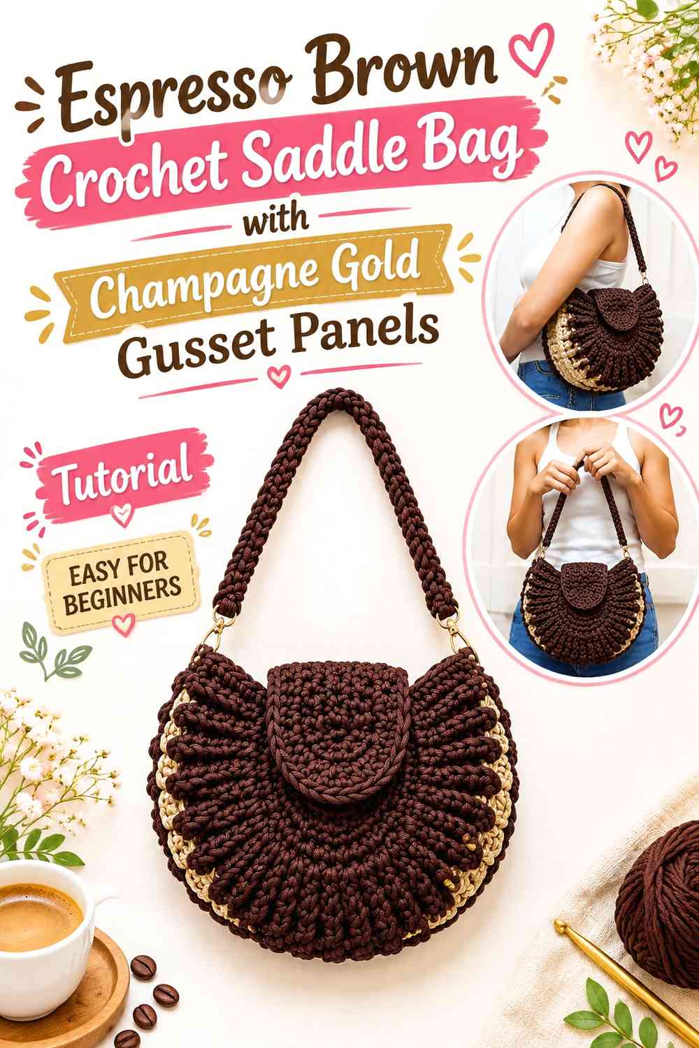 Espresso Brown Crochet Saddle Bag with Champagne Gold Gusset Panels