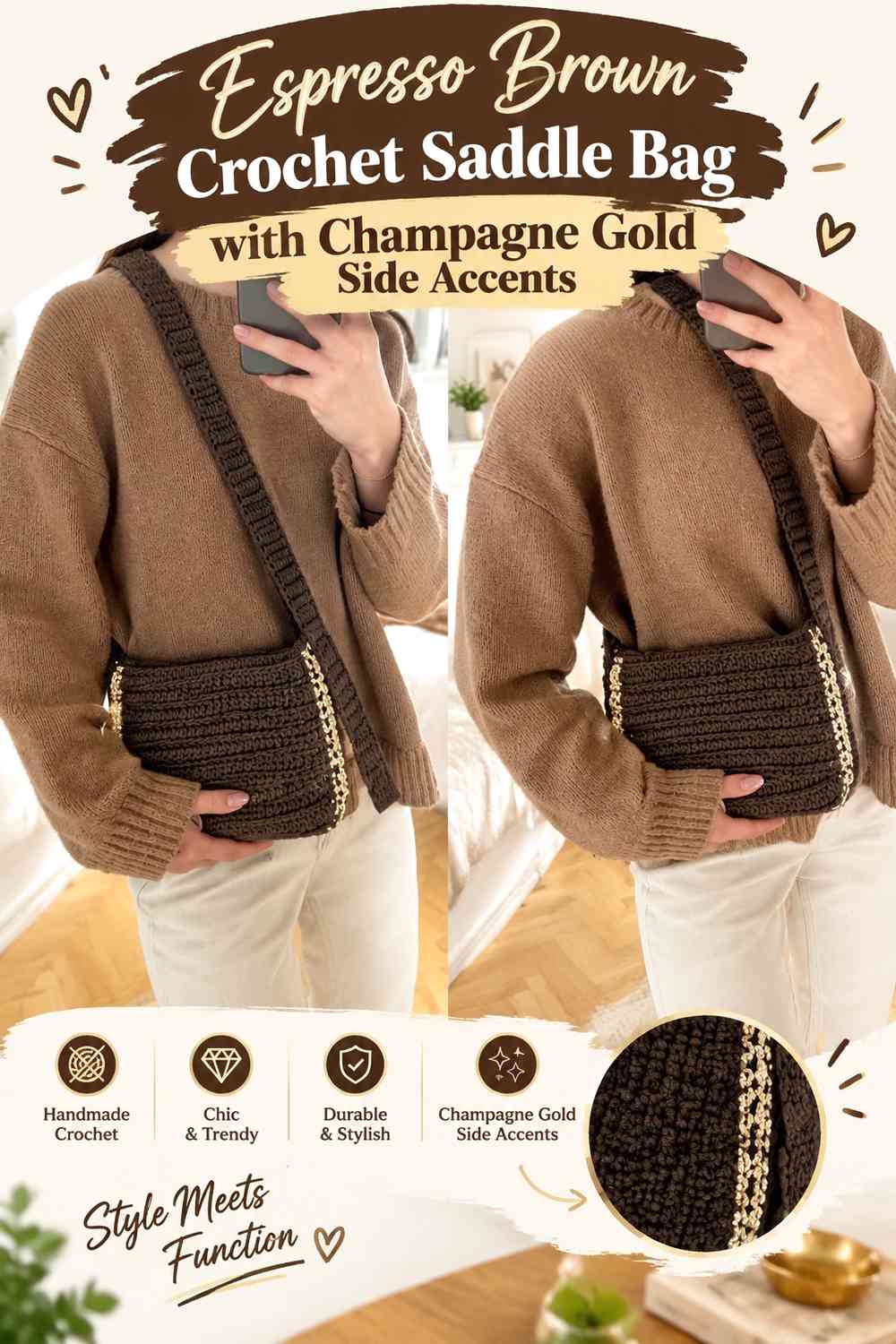 Espresso Brown Crochet Saddle Bag with Champagne Gold Side Accents