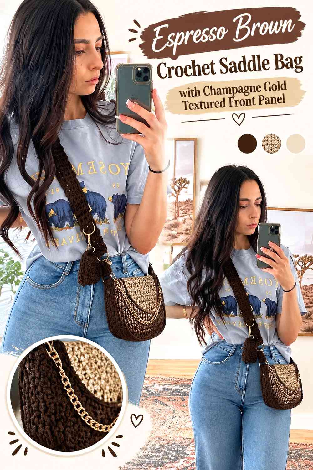Espresso Brown Crochet Saddle Bag with Champagne Gold Textured Front Panel