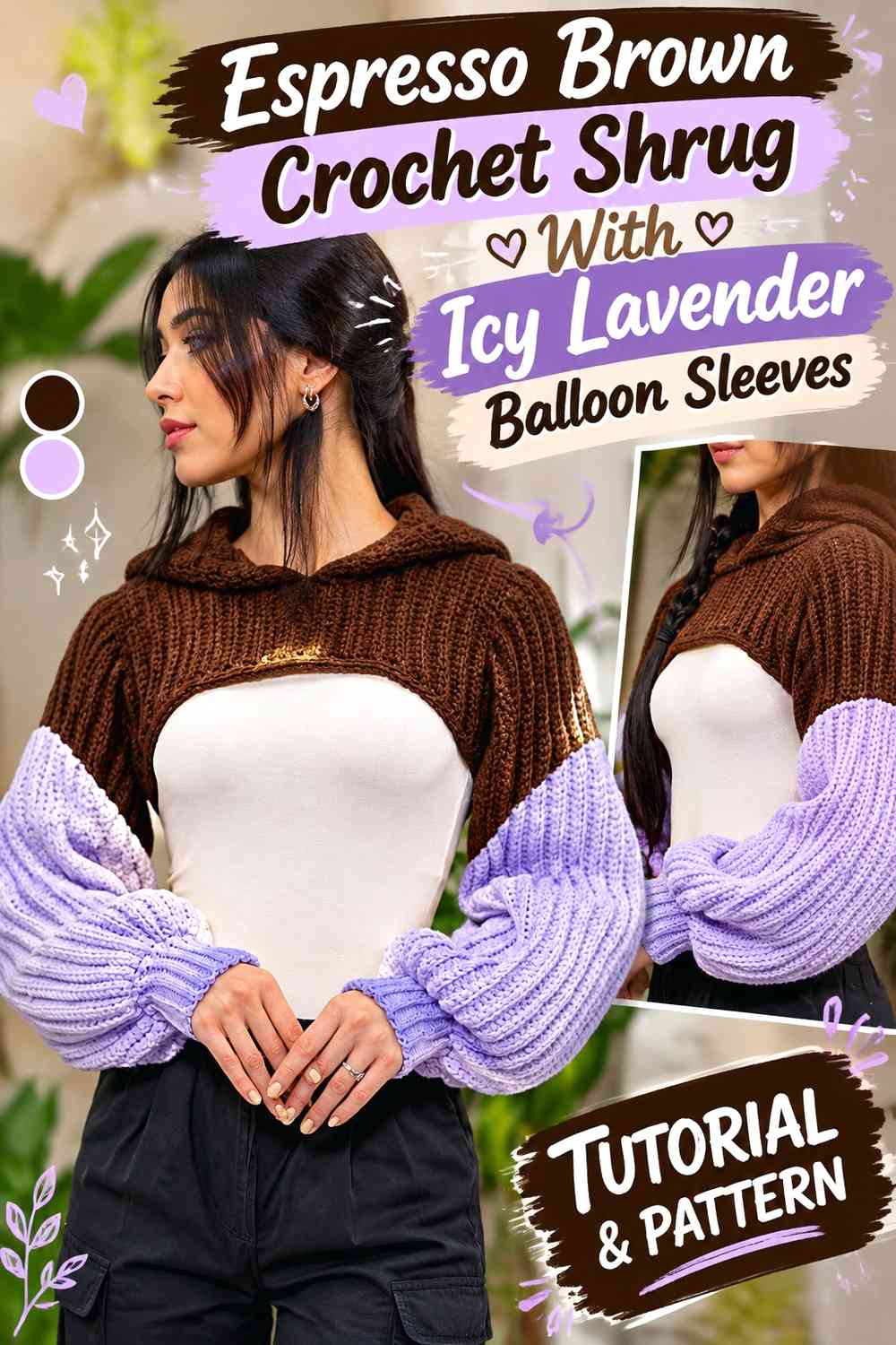 Espresso Brown Crochet Shrug With Icy Lavender Balloon Sleeves