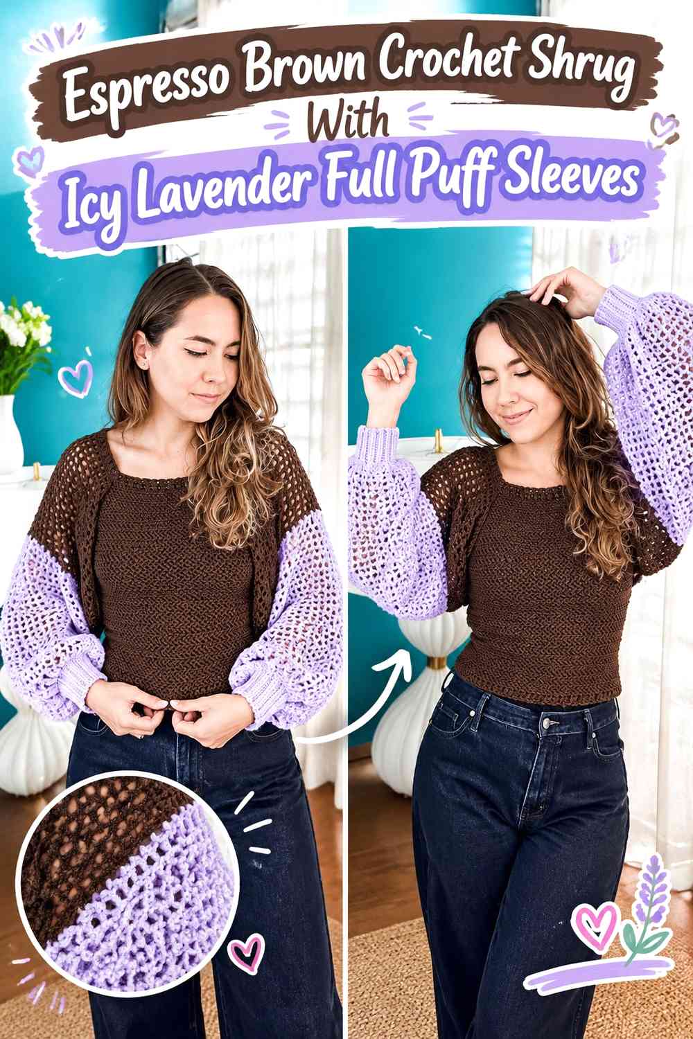 Espresso Brown Crochet Shrug With Icy Lavender Full Puff Sleeves