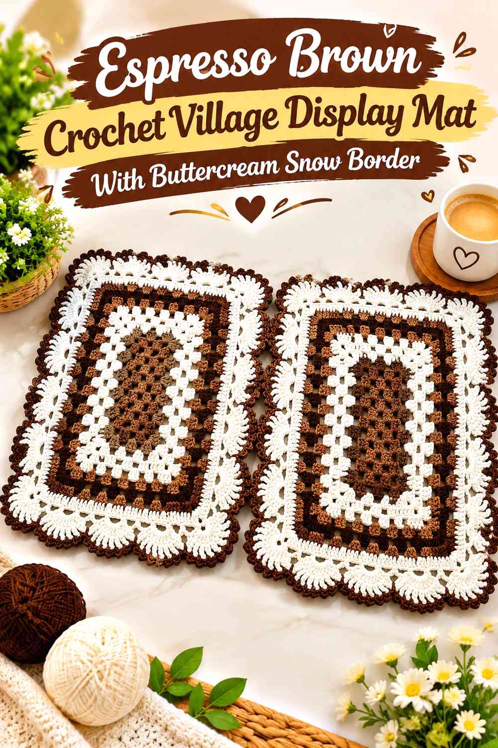 Espresso Brown Crochet Village Display Mat With Buttercream Snow Border