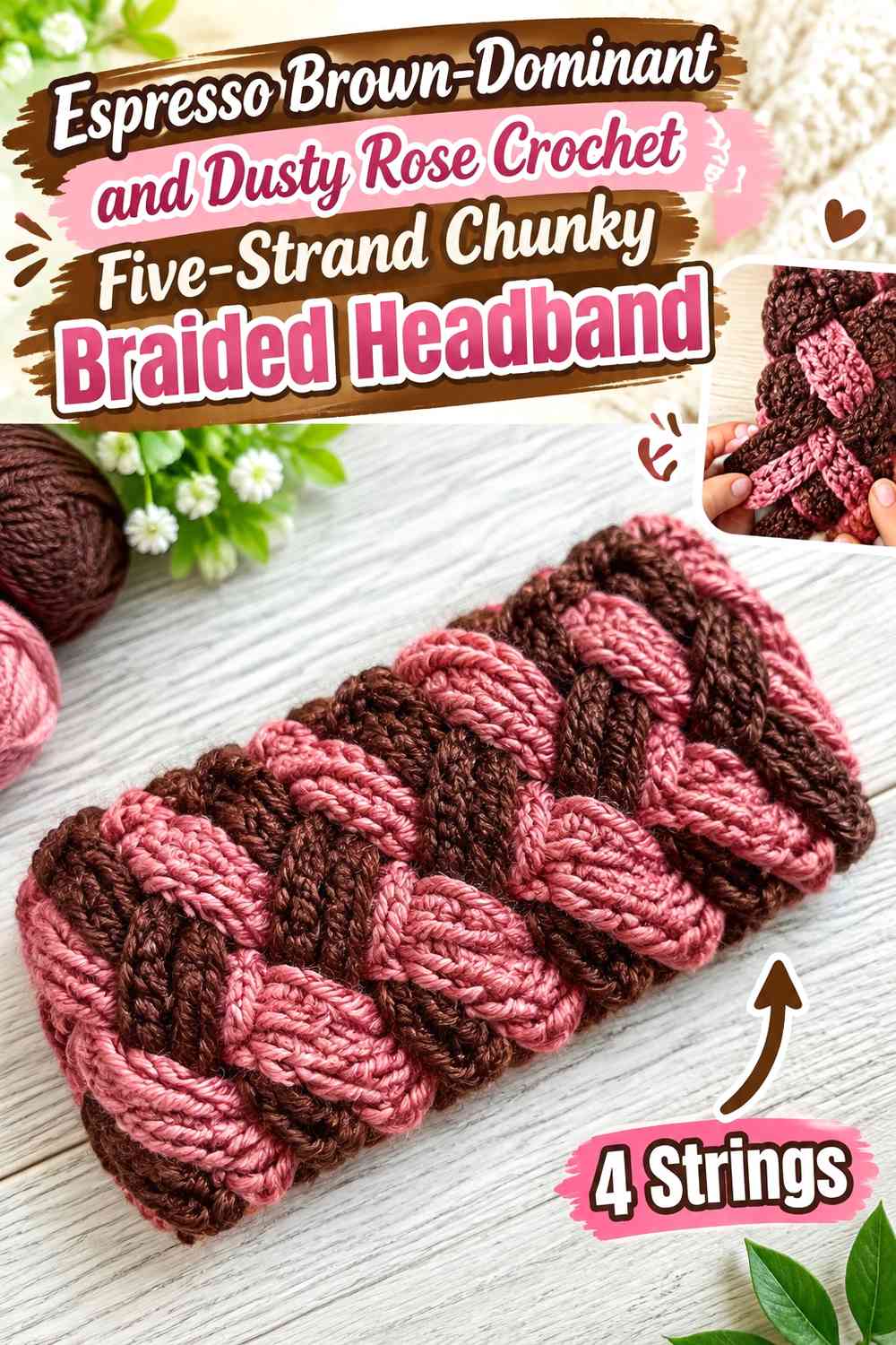 Espresso Brown-Dominant and Dusty Rose Crochet Five-Strand Chunky Braided Headband