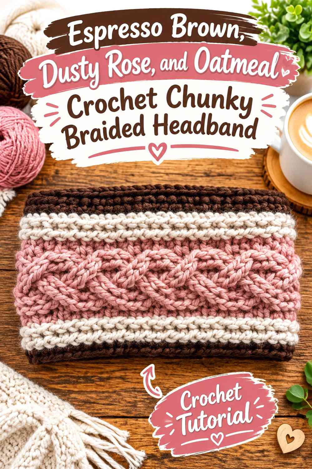 Espresso Brown, Dusty Rose, and Oatmeal Crochet Chunky Braided Headband