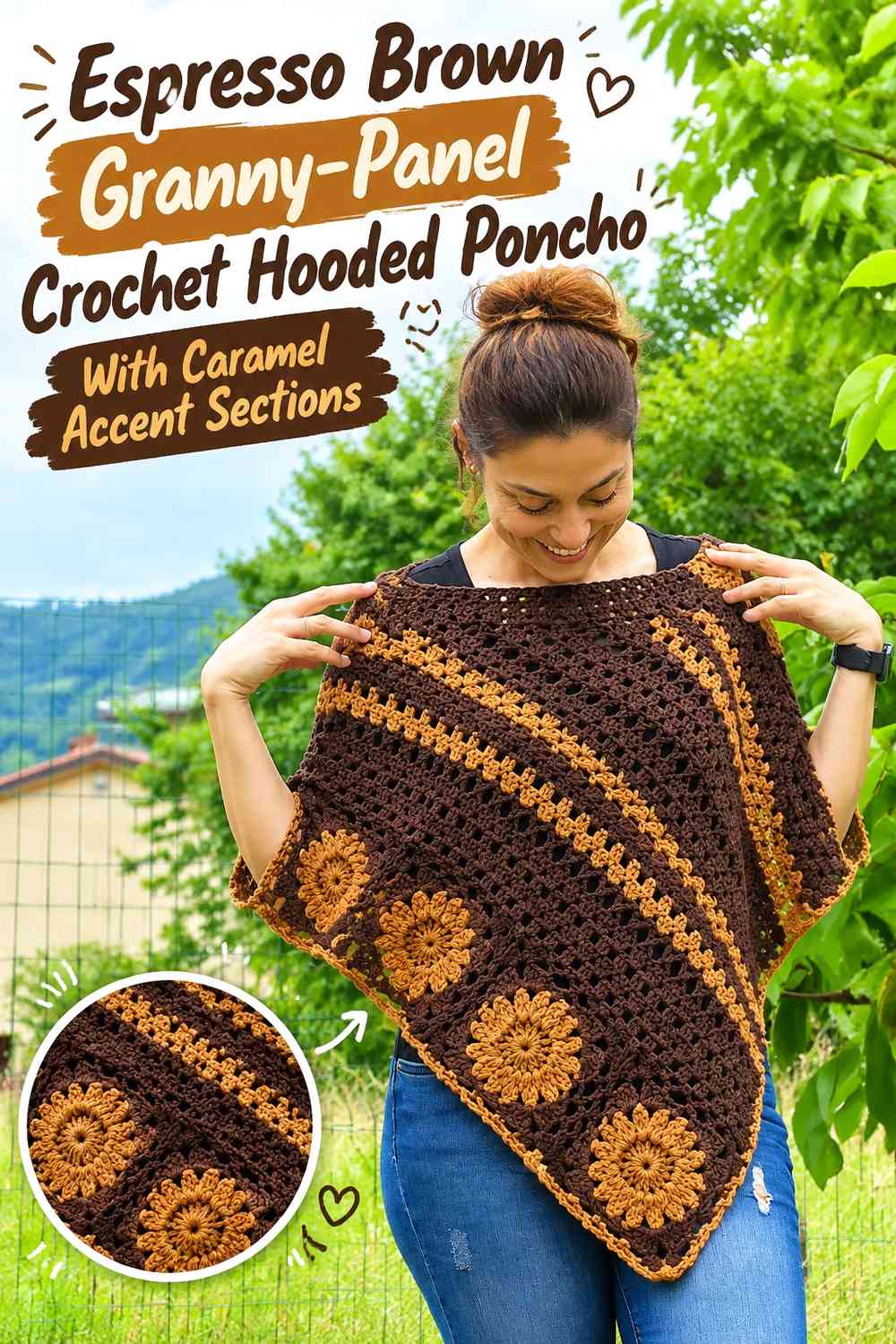 Espresso Brown Granny-Panel Crochet Hooded Poncho With Caramel Accent Sections