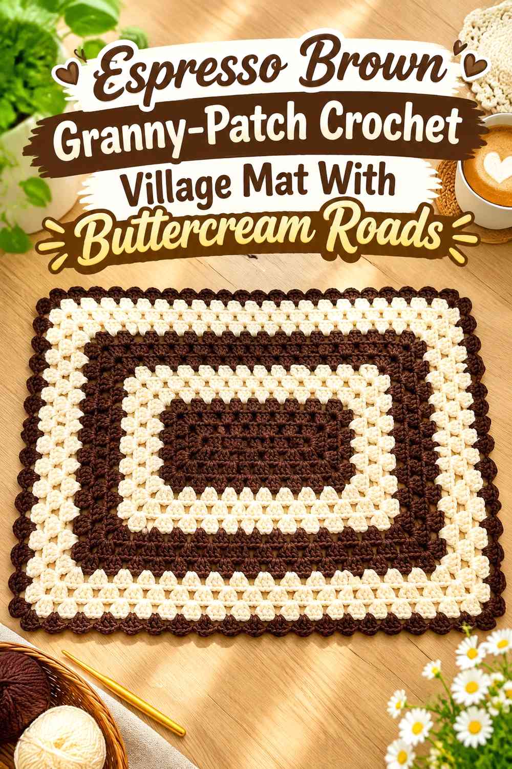 Espresso Brown Granny-Patch Crochet Village Mat With Buttercream Roads
