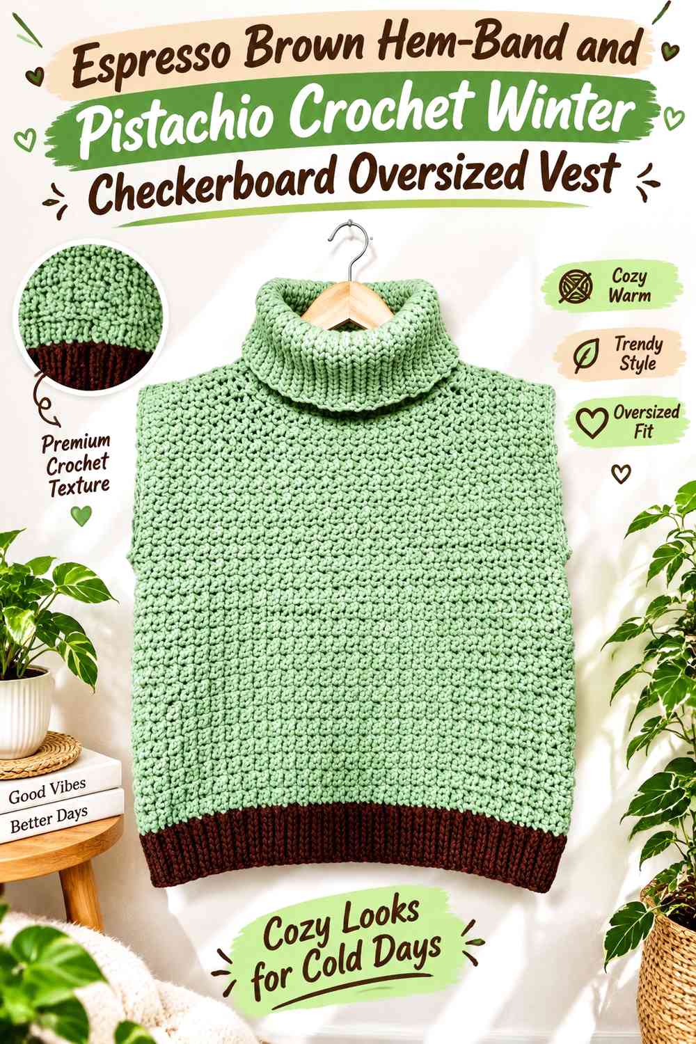 Espresso Brown Hem-Band and Pistachio Crochet Winter Checkerboard Oversized Vest